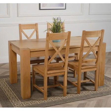 Chunky1m4 : Bàn Ăn Gỗ Sồi 1m4 + 4 Ghế ( Lưng X - Mặt Ghế Gỗ )